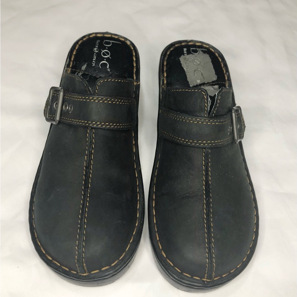 b.o.c. Dark Chocolate Leather Upper Mules/Clogs With Buckle Size 8